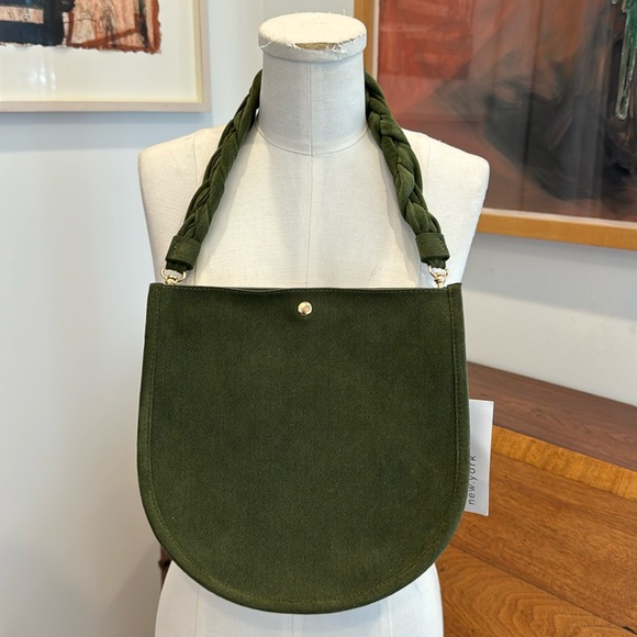 ahdorned U Shaped Braided Strap Suede Bag - Army Green - Picture 1 of 4